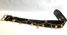 WIDE BOHO BROWN LEATHER BELT GOLDTONE CHAIN & CHARMS by EL TOQUE FINAL Sz M L
