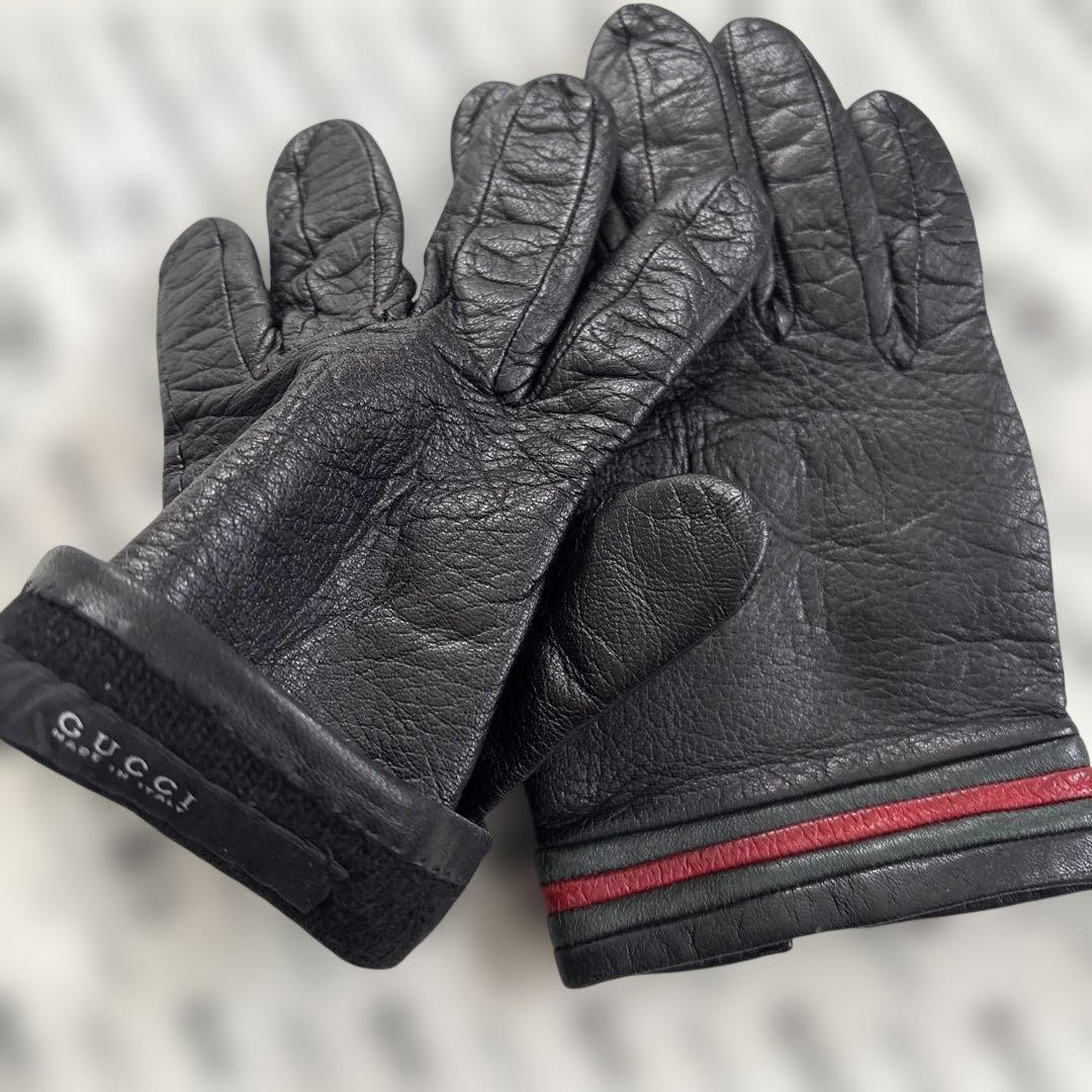 GUCCI Black Leather Gloves Red Green Stripe Authentic Designer | eBay