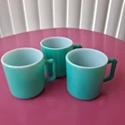 Hazel Atlas Vintage Turquoise Blue Milk Glass D-Handle Coffee Mugs Set of 3 Teal