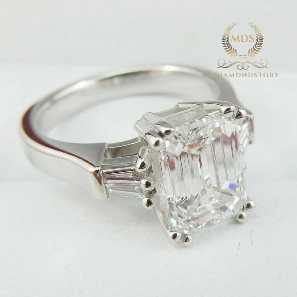 Moissanite Three Stone Engagement Ring Solid 14K White Gold 3 Carat Emerald Cut - Image 4 of 4