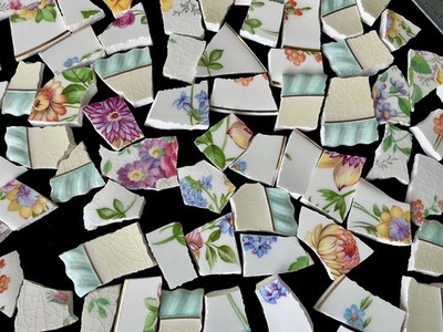 Broken China Mosaic Tiles ~ ShABby CHIc ~ Multi Florals Blue Trim  ~80+ Pcs SetC