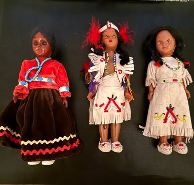 3-Vintage Native American Indian Boy & Girl, Navajo Girl Dolls 7''   1950s