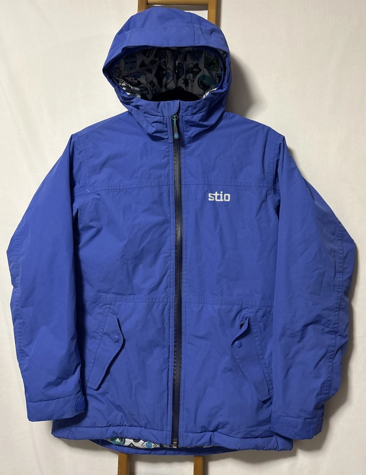 Stio Ski Jacket Youth 14 Blue Hooded Insulated Full Zip Snow Printed Lining