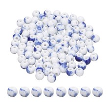 100Pcs 8mm Round Ceramic Porcelain Beads, White Blue Spotted