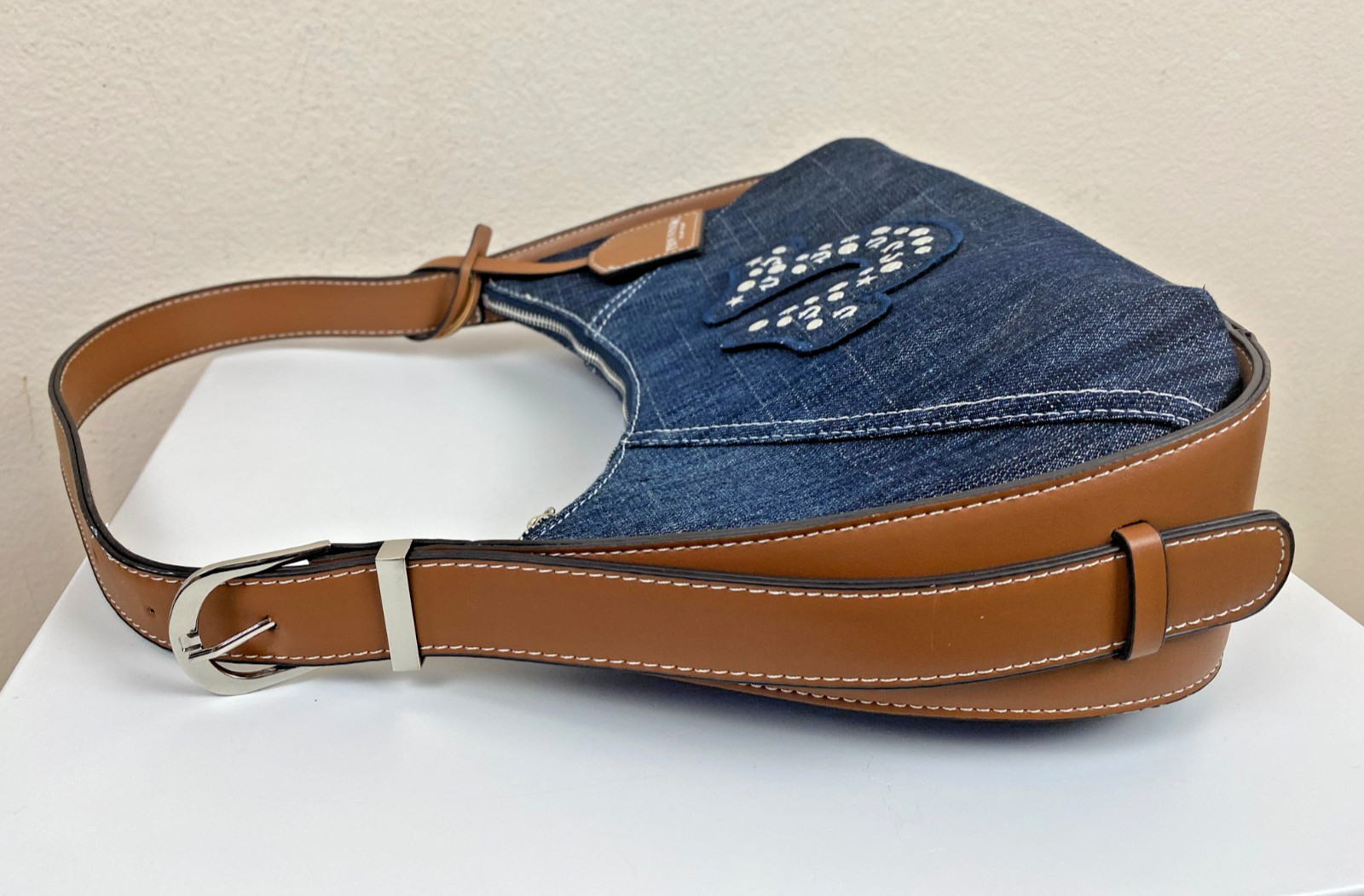 New TRUE RELIGION Blue Denim Raised Horseshoe Hobo Shoulder Bag Studds 14" x 9" thumbnail 14