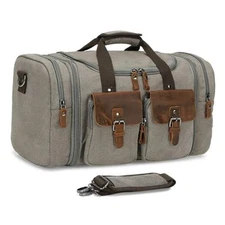 Canvas Duffle Bag with Genuine Leather Accents, Expandable 20-23 Inch Gray