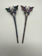 Butterfly Hair Sticks Womens Multicolor Rhinestone Metal Enamel Updo Set Of 2