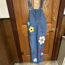Blue Floral Painted Denim Overall Jumpsuit Women's Size M/L Adjustable Straps