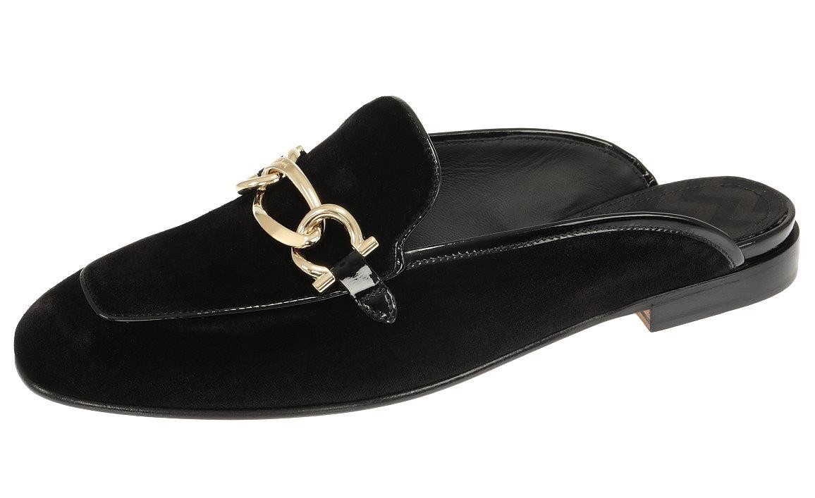 NEW SALVATORE FERRAGAMO LADIES BLACK VELVET LOGO CHAIN SLIPPER SHOES 8.5 C image 5