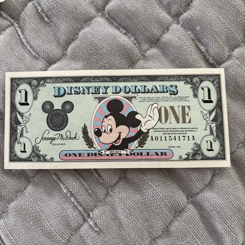 RARE Disney Dollars, Mickey One Dollar Bill Series 1990, with sleeve