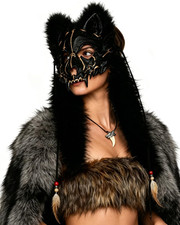 Furry Wolf Skull Mask - Viking Wendigo Headdress with Fur, Halloween Werewolf Ba