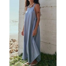 Free People Womens XS Erin Midi Dress Light Gray Blue Cotton Lagenlook Loose Fit