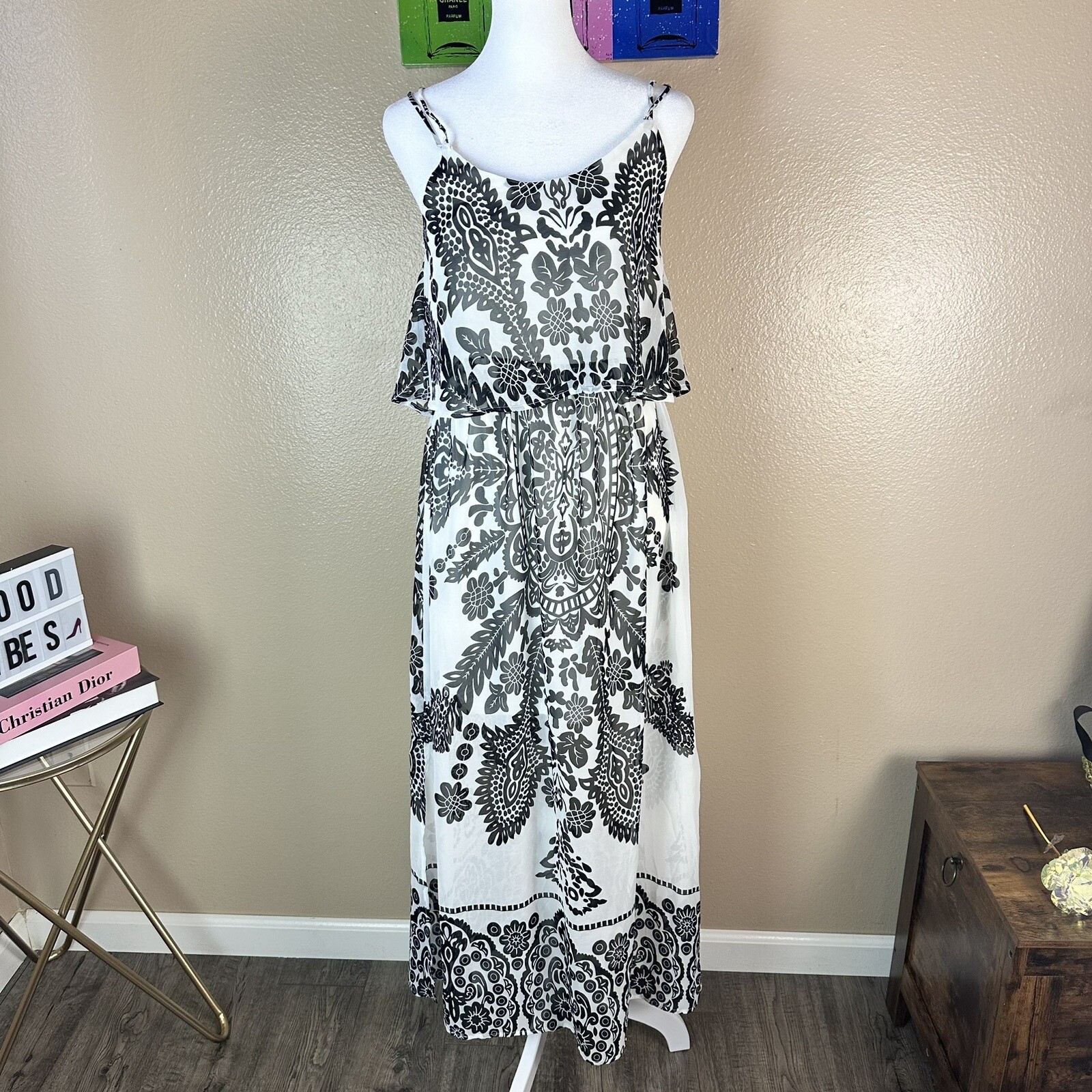 Elegant Black White Paisley Papaya Maxi Dress with Spaghetti Strap, Spring Small Size-image