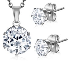 Stainless Steel Silver-Tone Solitaire CZ Pendant Necklace Stud Earrings Set