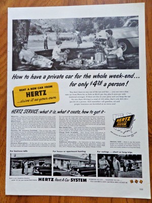 1952 Hertz Ad Chevrolet  Rent a Car  How to Have a Private Car for the Week-End