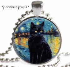 Black Cat Necklace Impressionist Starry Night Art Print Silver Charm Pendant