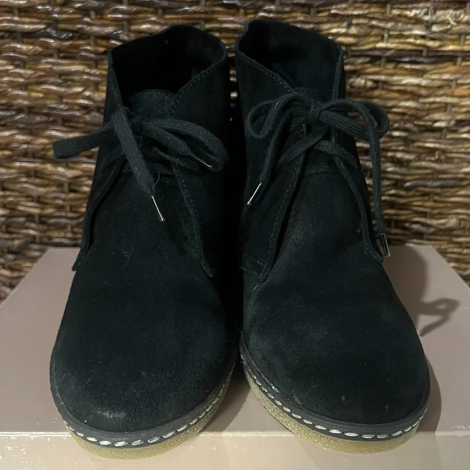 J Crew MacAlister 坡跟靴女式 9 黑色皮革麂皮绒系带 Chukka — 第 2/4 张图片