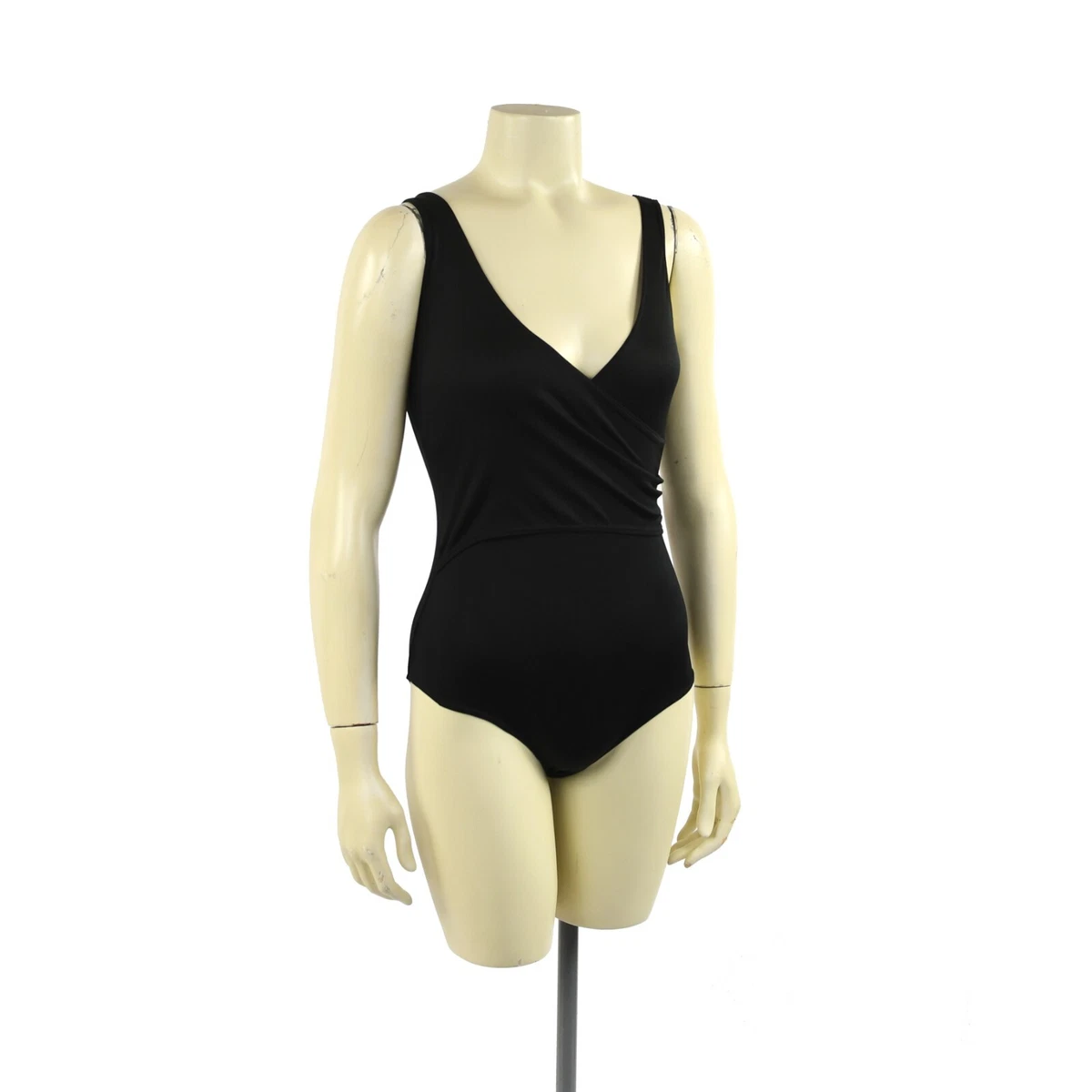 Vintage 70s 80s Black Thin Nylon Deep Wrap V Low Cut Swimsuit