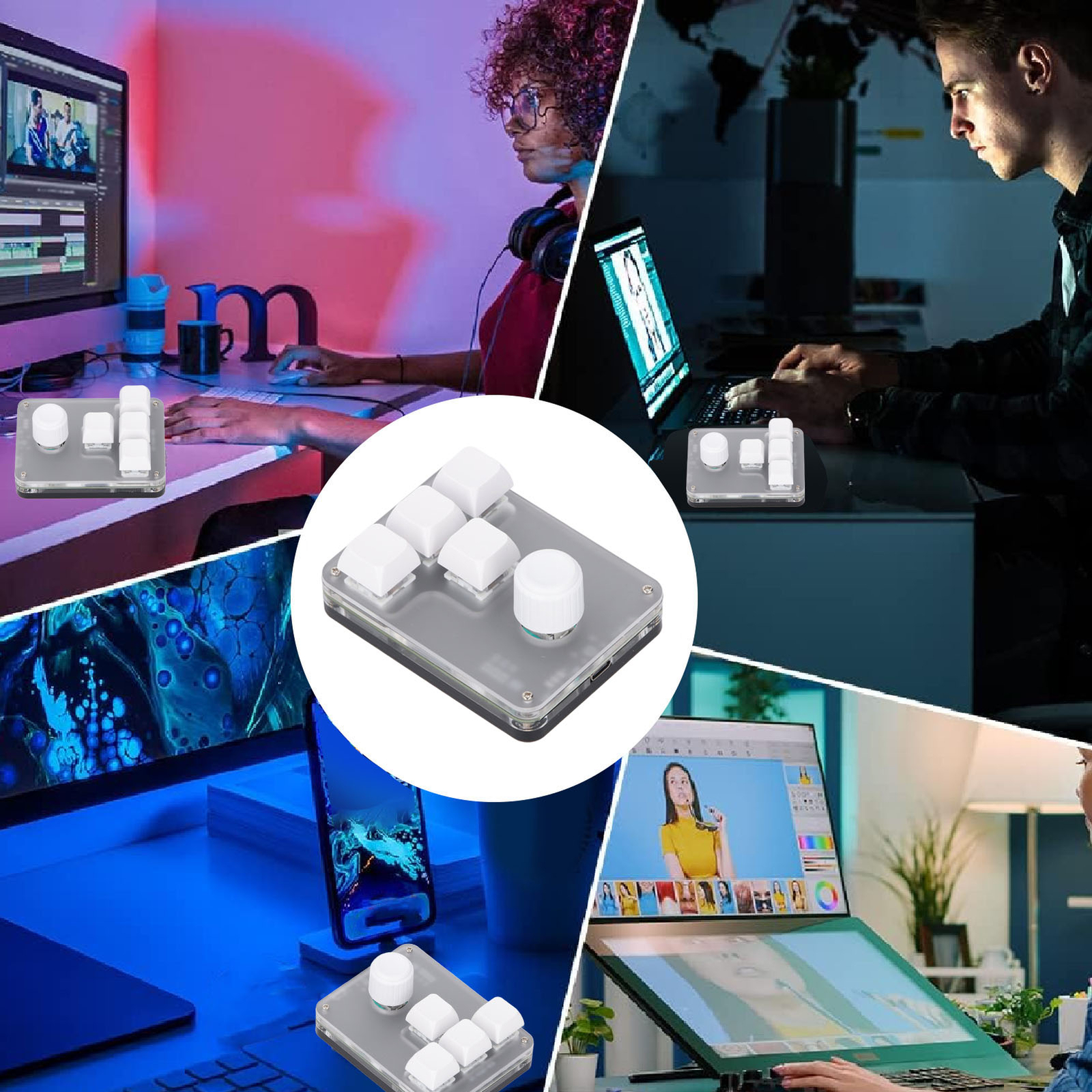 4-Key Programmable Mechanical Keypad with RGB Light and Knob in White-image