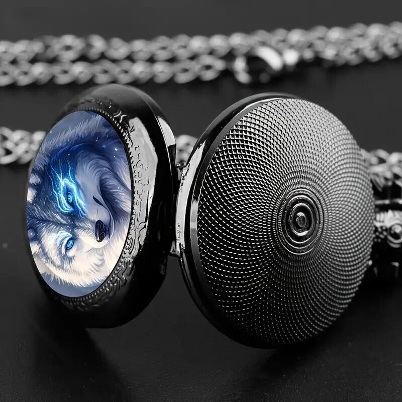 Vintage Cool Blue Wolf King Quartz Pocket Watch Necklace Black Gift Men Women - Image 4 of 4