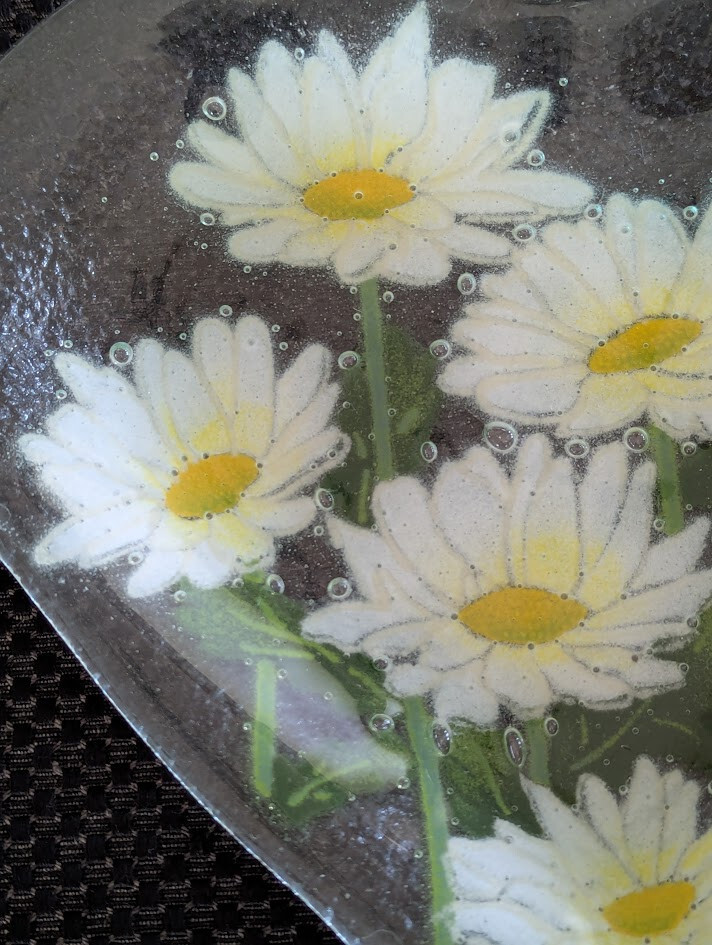 Peggy Karr Infused Glass Daisies Heart Shaped Plate, Signed