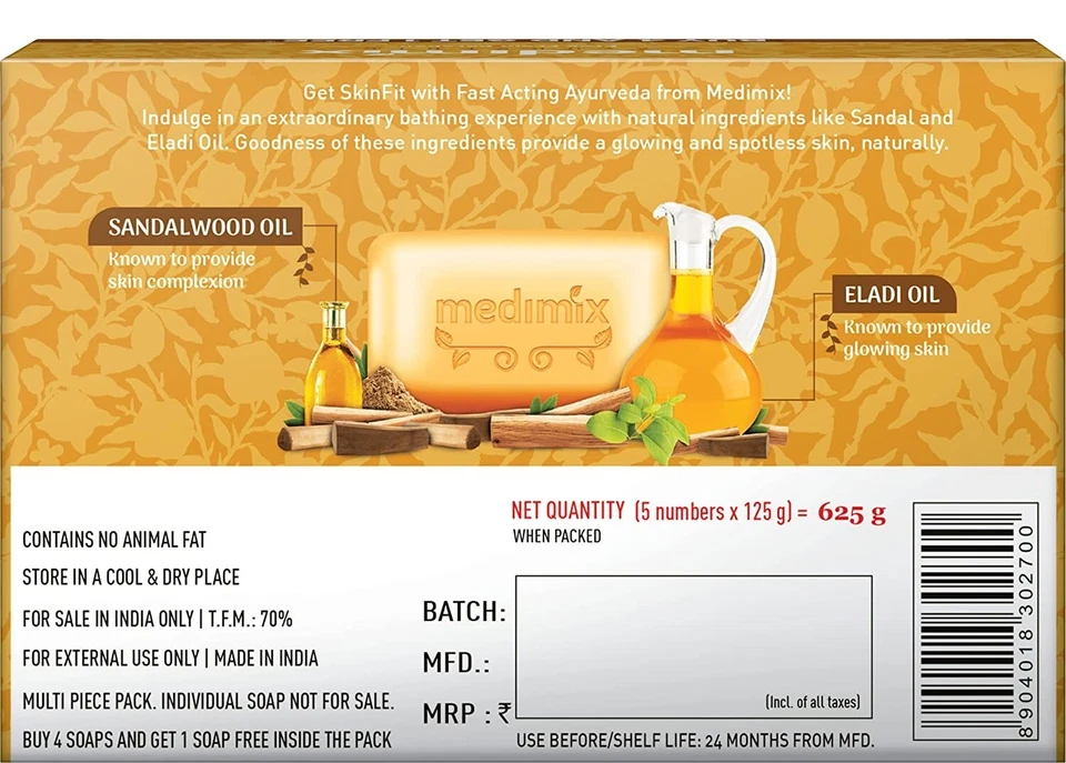 Medimix Ayurvedic with Sandalwood Oil Bathing Soap 125g Each 4+1 Offer Pack - Image 2 of 4