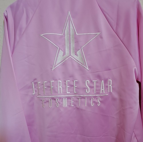 JEFFREE STAR Fashion Pink Button Up White Embroidered Satin Varsity Jacket M NWT - Picture 3 of 7