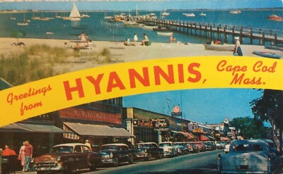 Greetings from Hyannis Cape Cod Massachusetts Beach Cars Vintage 1960s Postcard