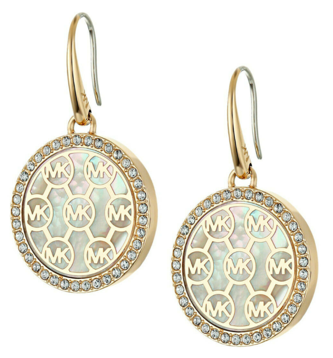 MICHAEL KORS MK Monogram Yellow Gold Drop Earrings Pearl