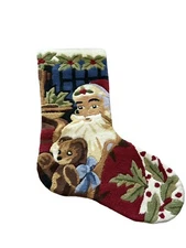 Vintage Finished Latch Hook Rug Wall Hanging Christmas Santa Stocking Shaped EUC