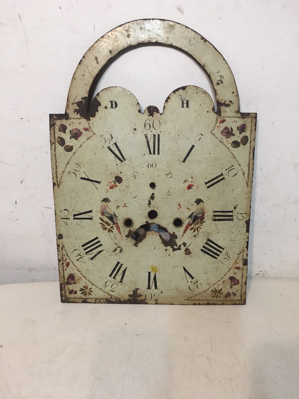 Antique Tall Case Clock Face Dial Folk Art Decorated Birds Blue Jays