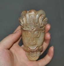 3.8"China hetian old Jade carved sacrifice Feng Shui weird grimace mask statue