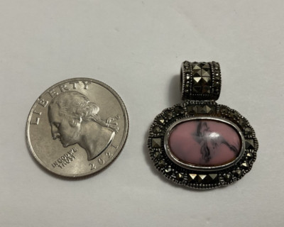 Sterling Silver Marcasite Pendant w/ Pink Stone  Rhodonite Blk Marking