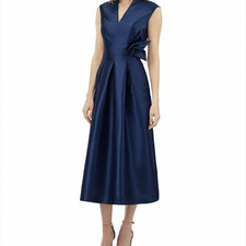 NWT $268 Kay Unger [ 6 ] V Neck Mikado Tea Length Dress in Blue #G1208
