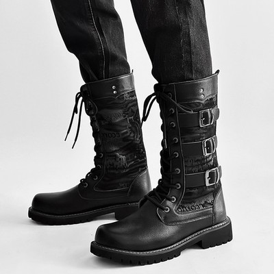 Men's Faux Leather Gothic Mid Calf Boots Buckle Shoes Knight Lace Up Round Toe