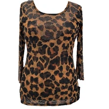 Y2K INC International Wms M Leopard Print Rhinestone Long Sleeve Top Bling Shirt