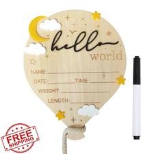 Baby Announcement Sign, 5.9 Inch Wooden Hello World Newborn Signs, Birth Ann...