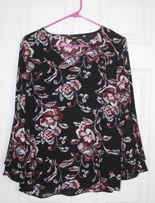 Alfani Womens Size 8 Black Floral Blouse Bell Sleeve V Neck Layered Sheer Top
