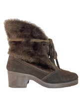 Vintage 1970s brown suede wedge boots 7 faux fur genuine leather heel winter