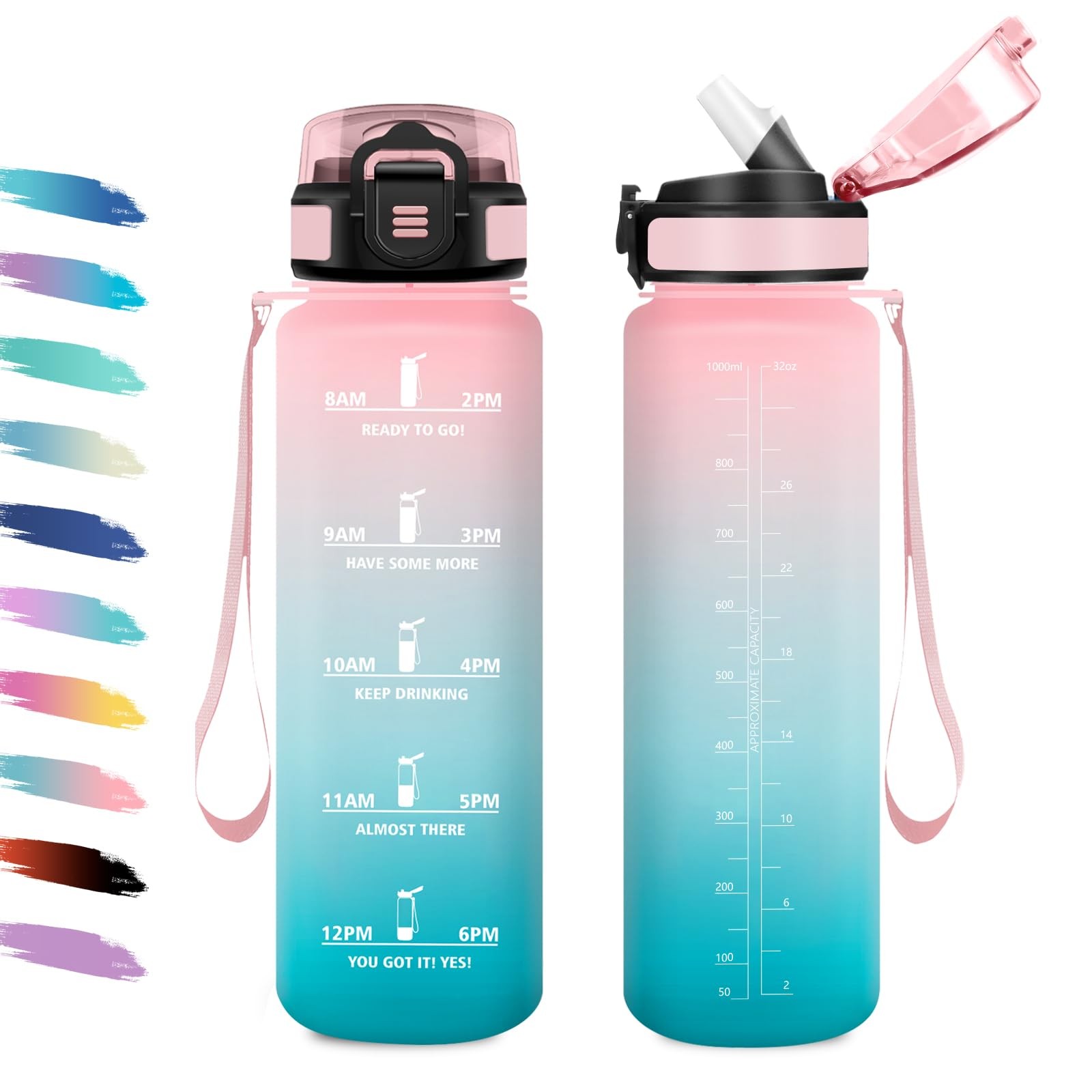Bouteille 1L gourde sport écologique réutilisable avec paille et marqueur horaire