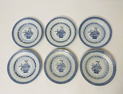 6 VTG Blue And White Tienshan Rice Grain Floral 7  Bread/Dessert Plates  VGC