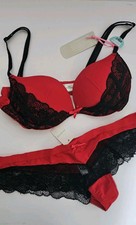 Primark Secret Possessions Plunge Bra & Brazilian Brief Set Red Black 34a 10/12 