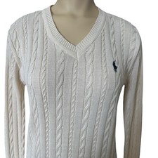 Ralph Lauren Sweater Women's Small 34 Inch Beige Cotton Blend Cable Knit V Neck