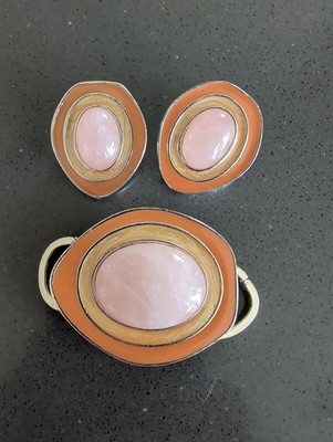 CELIA SEBIRI for Avon Peach Rose Quartz Enamel Brooch & Clip On Earring Set R120