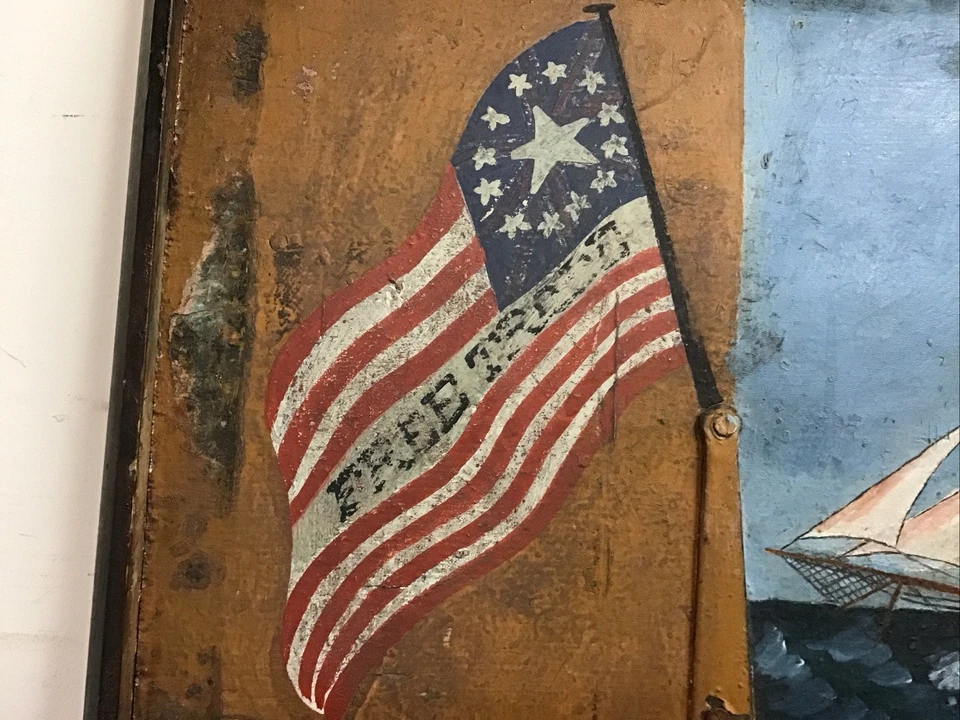 Antiguo cofre marino años 1800 con pinturas de barco/3 banderas (1) libre comercio 13 estrellas Foto 2 de 4