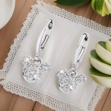Elegant Cubic Zirconia Mickey Mouse Earrings. Silver, Tiny Leverback Hoops.