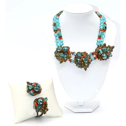 Unsigned Miriam Haskell Style Aqua Coral Glass Bead Necklace Bracelet Set 1950s
