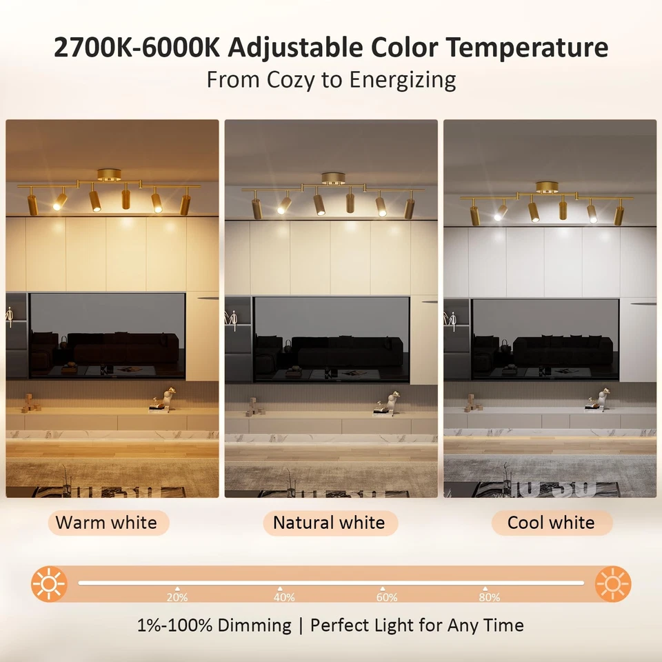 Kit de iluminación de pista dorada de 6 cabezales de luz, lámpara de techo LED moderna con... Foto 4 de 4