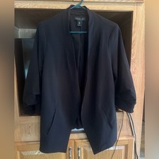 Rachel Zoe Blazer Womens 1X Black Textured Jacket Ruched Sleeves Open Front