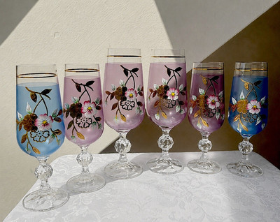 Vintage Bohemian Sektgläser Champagne Flutes Set 6 Handbemalt Gold Blau